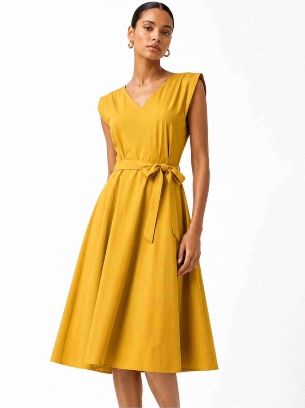 TX The Executive 100% Cotton Minimalist Yellow V-Neck Belted Midi Dress Size Med